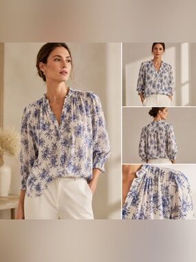Go Silk  Soft Spoken Silk Blouse Blue White Floral Size -XS